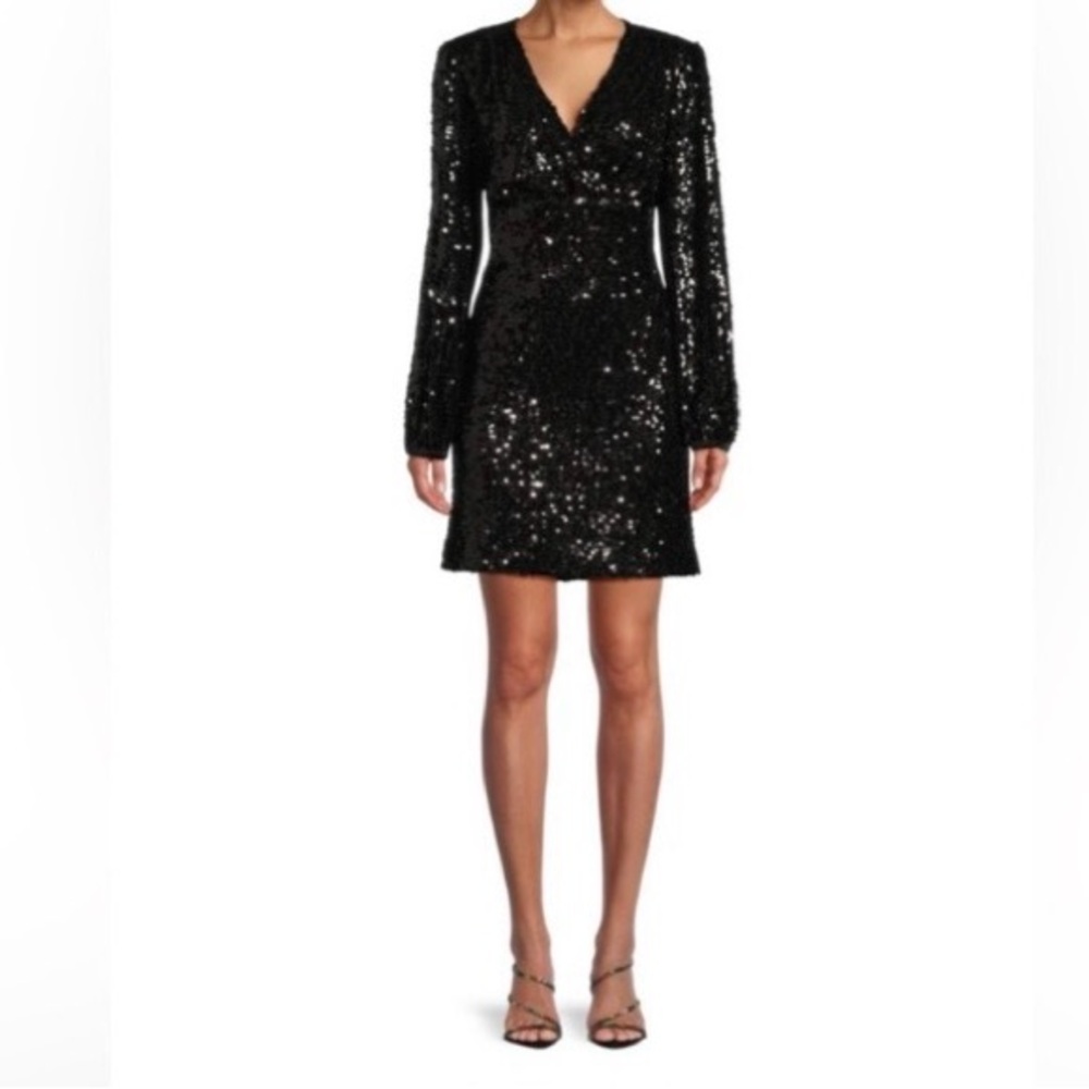 Karl Lagerfeld Paris Black Sequin V-Neck Long Sleeve Mini Dress